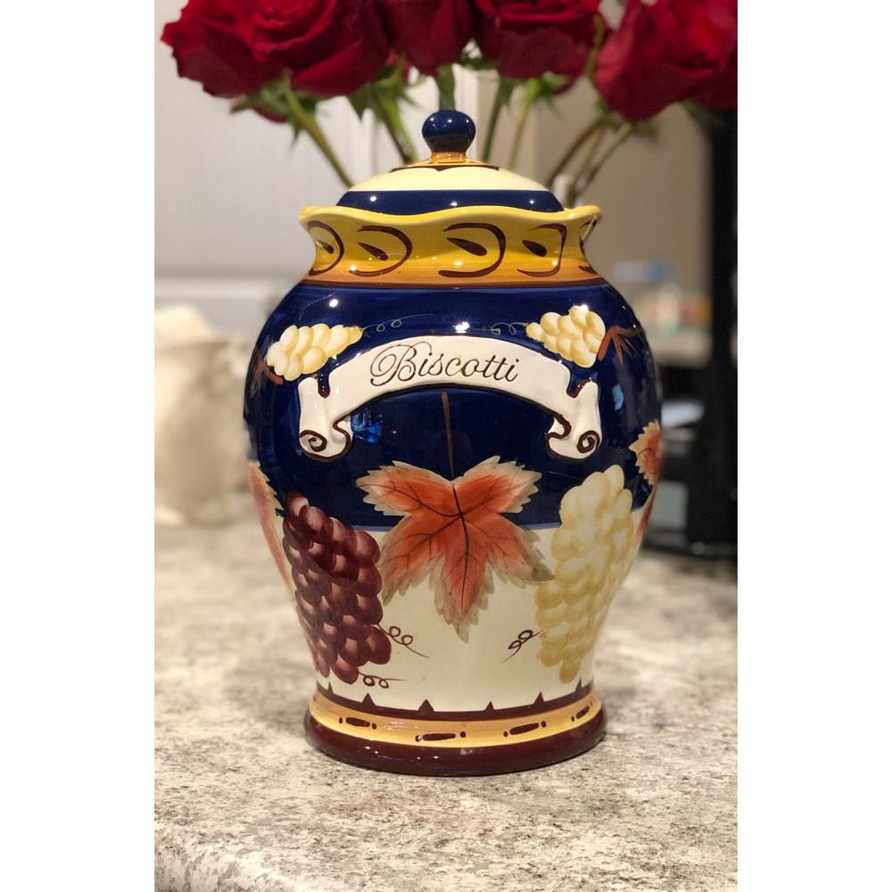 Vintage hand painted Cobalt Blue "BISCOTTI" canister with grapes and leaves